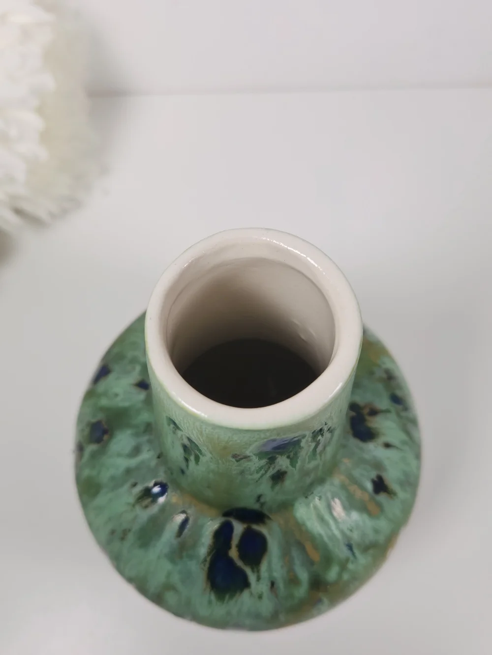 Vintage Peacock Feather Design Pottery Vase | Green & Blue Glazed Art Vase